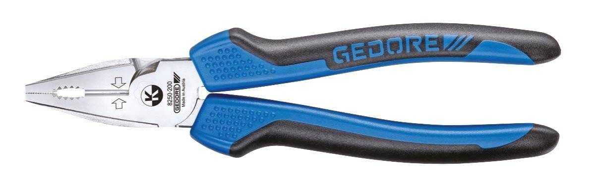 Abgebildet ist eine blaue und schwarze Kombizange mit rutschfestem Griff, geeignet zum Schneiden und Biegen von Drähten.