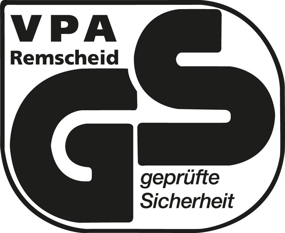 'GS-geprüft'-Logo für geprüfte Sicherheit, zertifiziert von VPA Remscheid. Schwarzer Text auf weißem Hintergrund.