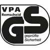 'GS-geprüft'-Logo für geprüfte Sicherheit, zertifiziert von VPA Remscheid. Schwarzer Text auf weißem Hintergrund.