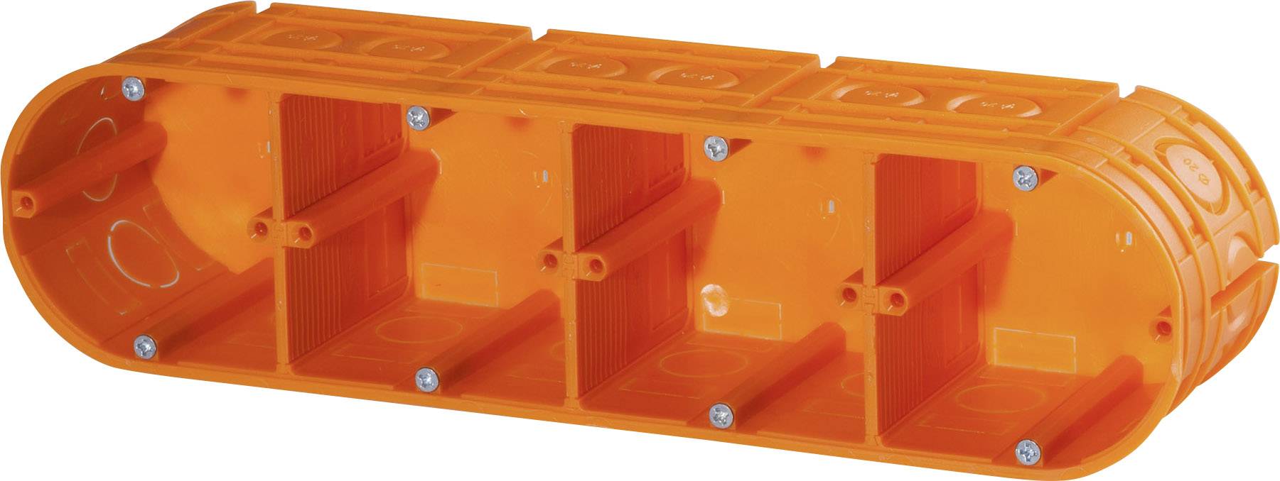 Orange Kunststoff-Unterputzdose mit mehreren Fächern und Schraubenlöchern, zur Befestigung in Wänden.