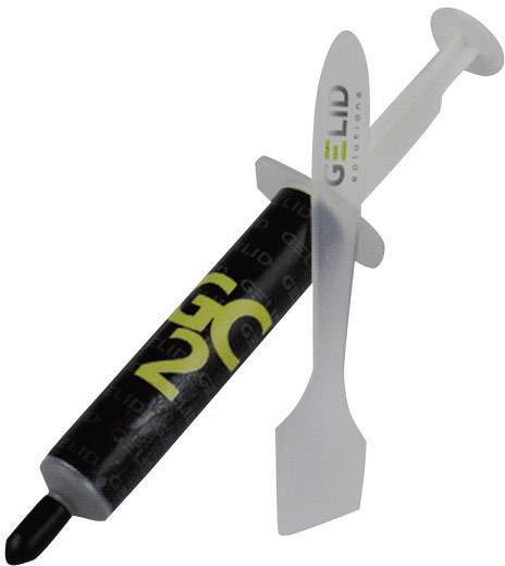 Wärmeleitpaste in einer Kunststoffspritze mit dem Aufdruck "Go 2". Davor ist ein Spachtel als Zubehör für den Auftrag zu sehen.