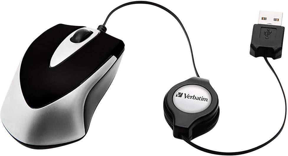 Verbatim Go Mini Maus USB Optisch Schwarz, Metallic 3 Tasten 1000 dpi mit Kabelroller-1