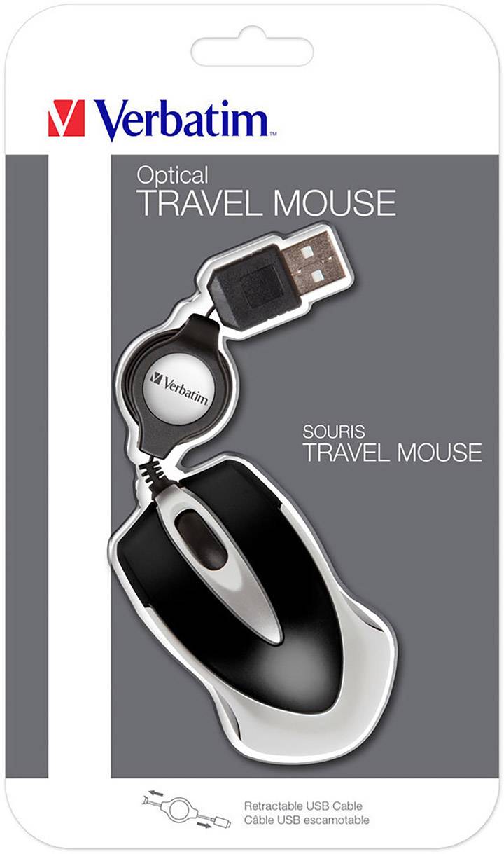 Verbatim Go Mini Maus USB Optisch Schwarz, Metallic 3 Tasten 1000 dpi mit Kabelroller-3