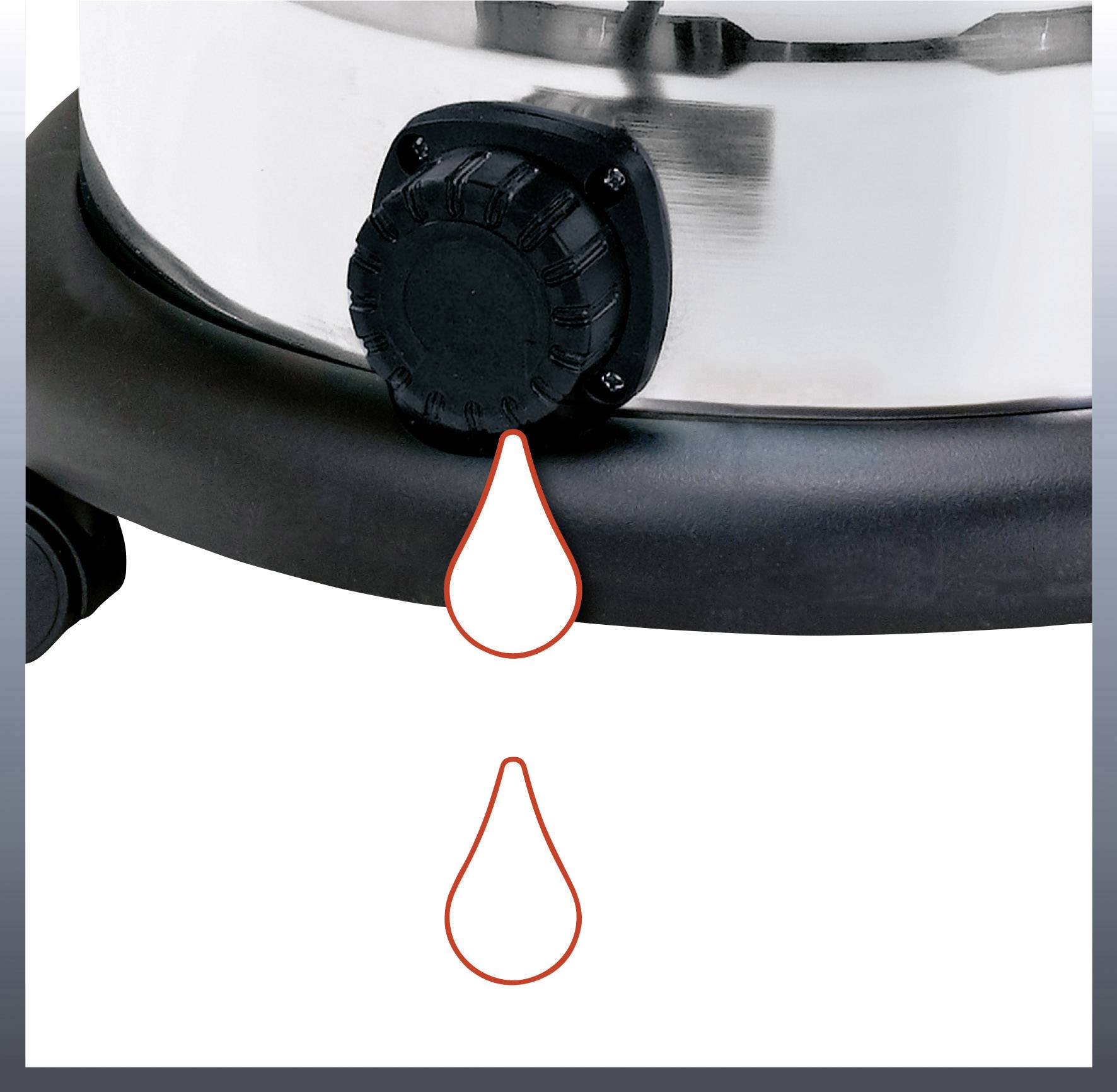 Nahaufnahme eines schwarzen Drehknaufs an einem Edelstahlgerät mit zwei darunterliegenden roten Tropfen-Symbolen.
