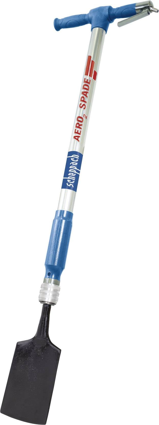 Ein handgeführtes Werkzeug mit langem Griff und flachem Schaufelblatt, möglicherweise für Garten- oder Bauarbeiten geeignet.