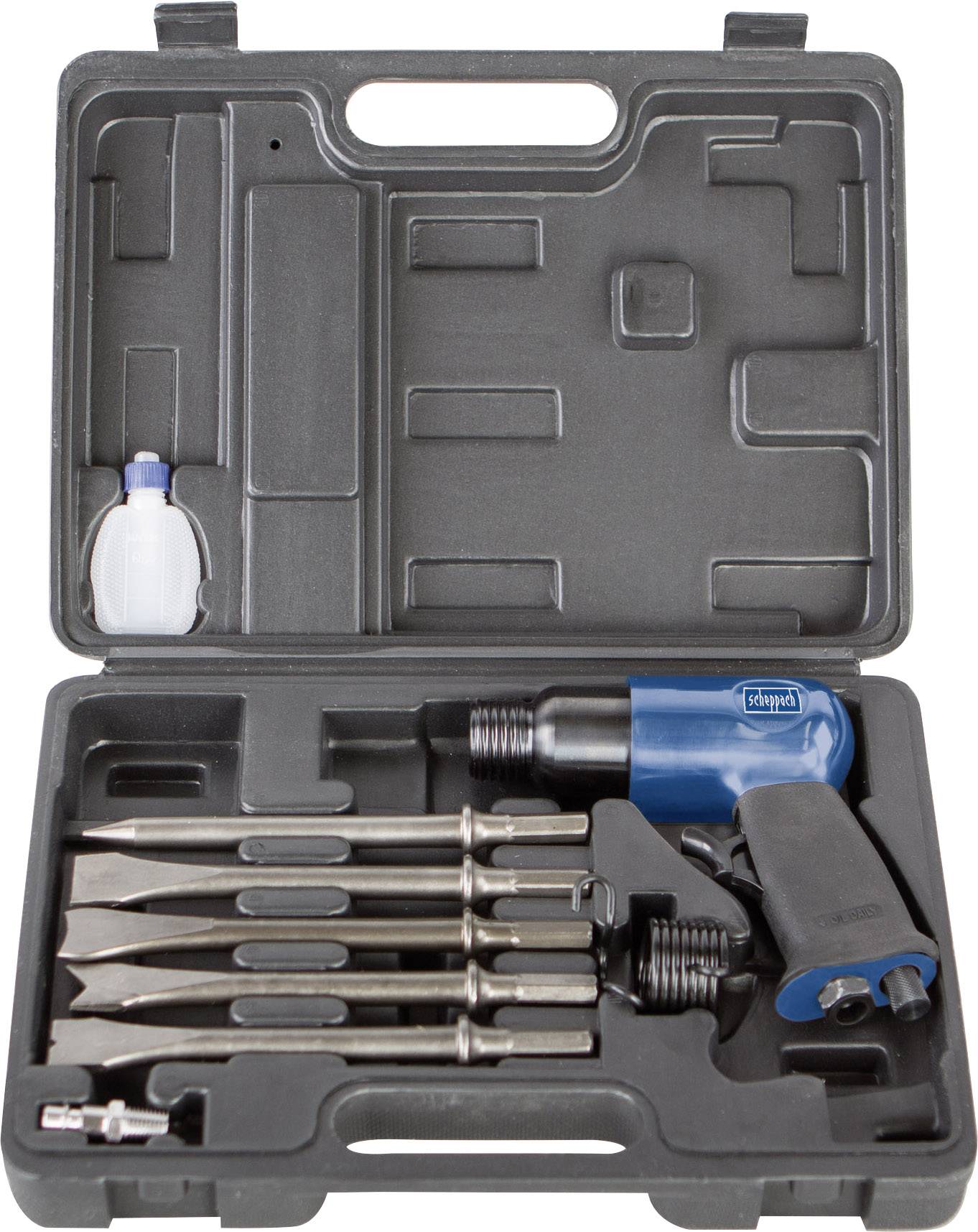 Ein offener Werkzeugkoffer mit einem blauen Druckluftmeißel und verschiedenen Meißelaufsätzen. Links eine kleine Ölflasche.