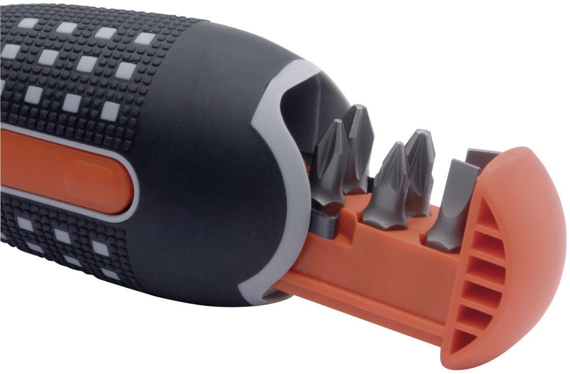 Schraubendreher mit integriertem Aufbewahrungsfach für verschiedene Bits im Griff; Griff ist schwarz und orange.