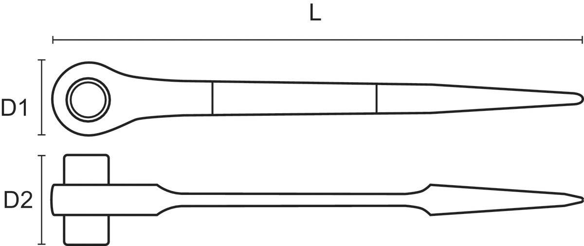 'Technische Zeichnung eines Meißels mit den Maßen L (Gesamtlänge), D1 (Kopfdurchmesser) und D2 (Schaftdurchmesser).'