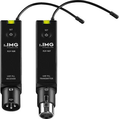 Zwei schwarze UHF PLL Geräte, ein Empfänger und ein Sender, jeweils mit einer Antenne und XLR-Anschluss, von IMG Stageline.