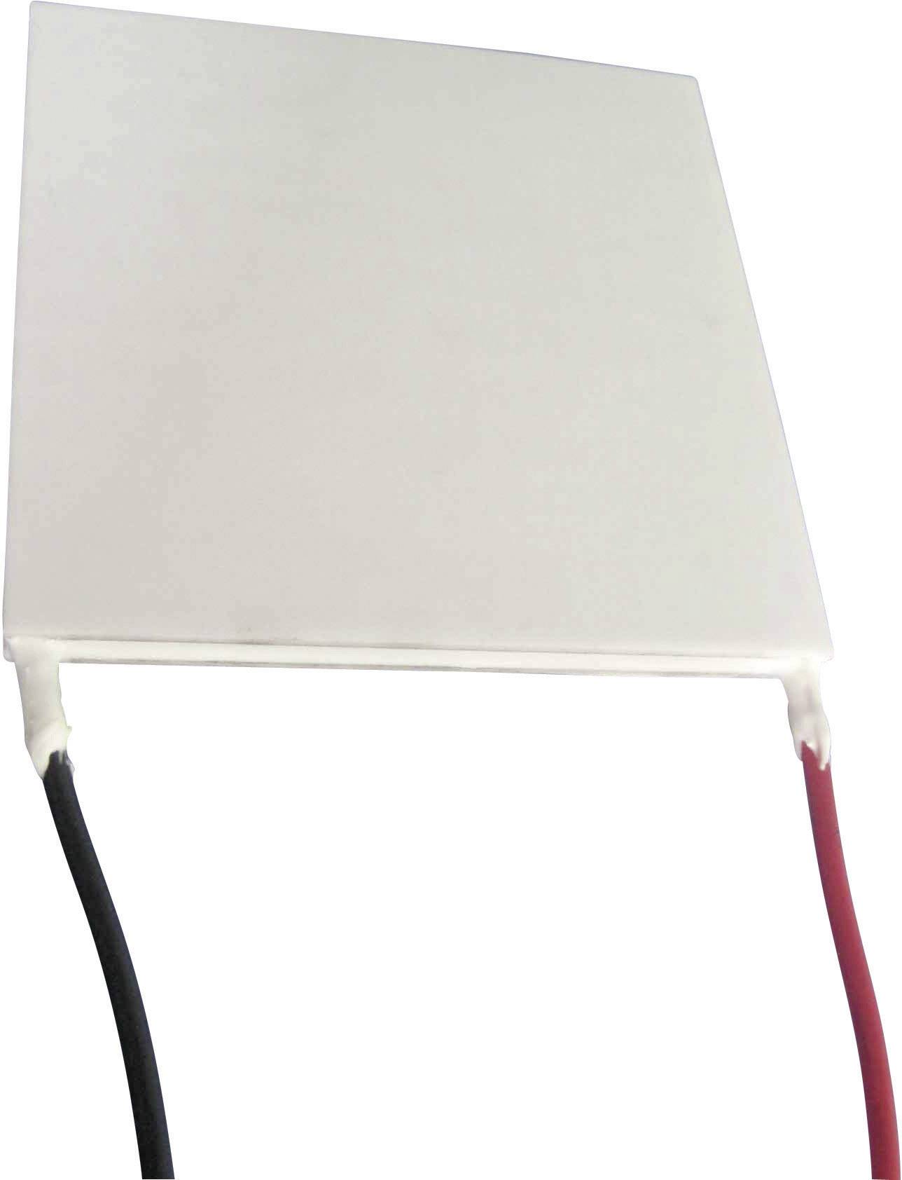 Peltier-Element bestehend aus einer weißen Keramikplatte, von der eine schwarze und eine rote Leitung abgehen. 