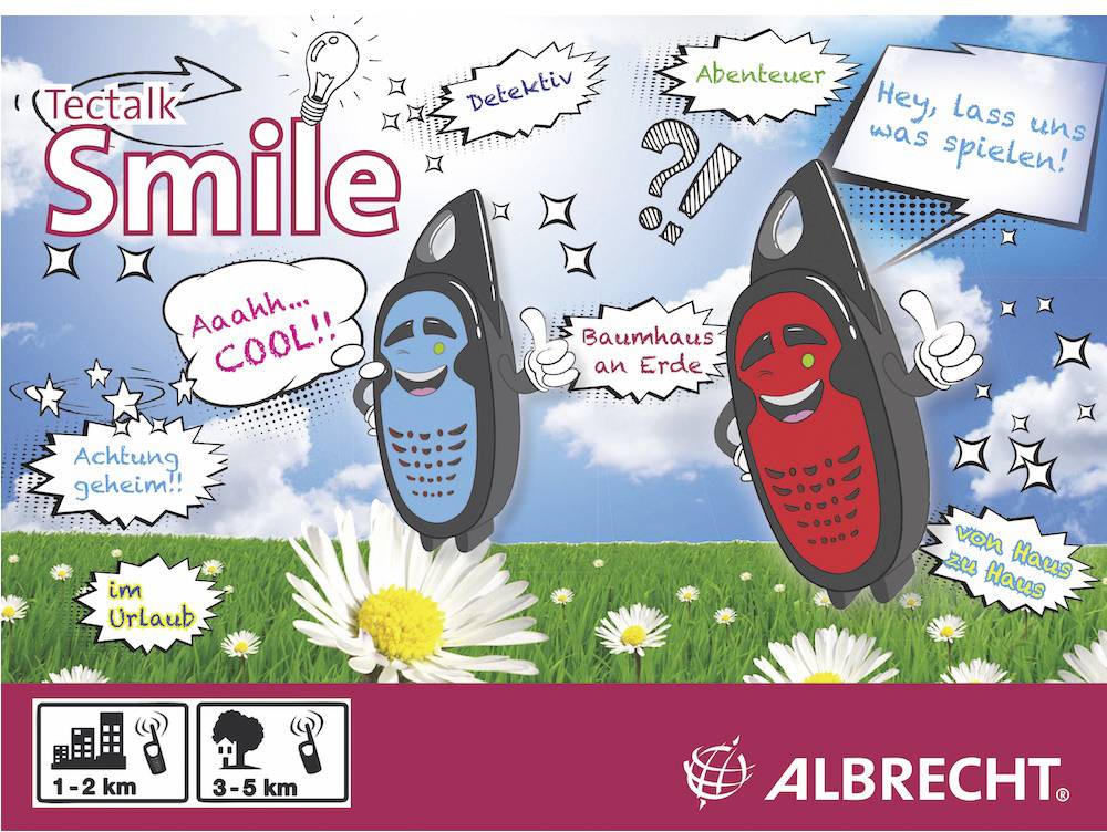 Zwei Spielzeug-Walkie-Talkies im Comic-Stil, links blau und rechts rot, mit Sprechblasen wie 'Achtung geheim!' und 'Baumhaus am Erle'.