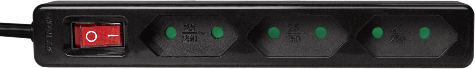 Eine schwarze Steckdosenleiste mit vier Steckplätzen und einem roten Ein-/Ausschalter links. Grün markierte Steckplätze.