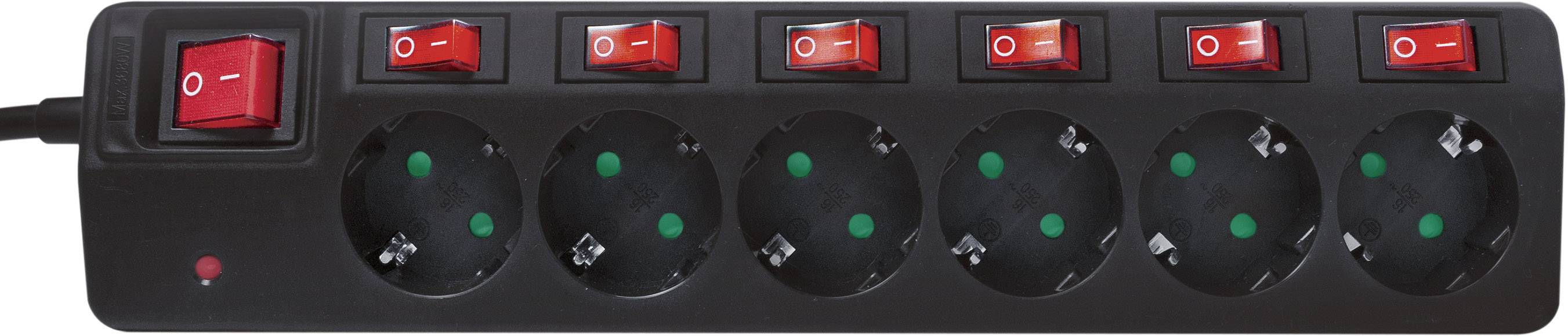 Schwarze Steckdosenleiste mit sechs Steckplätzen, jeweils mit einem eigenen roten Ein/Aus-Schalter. Linker Hauptschalter ebenfalls rot.