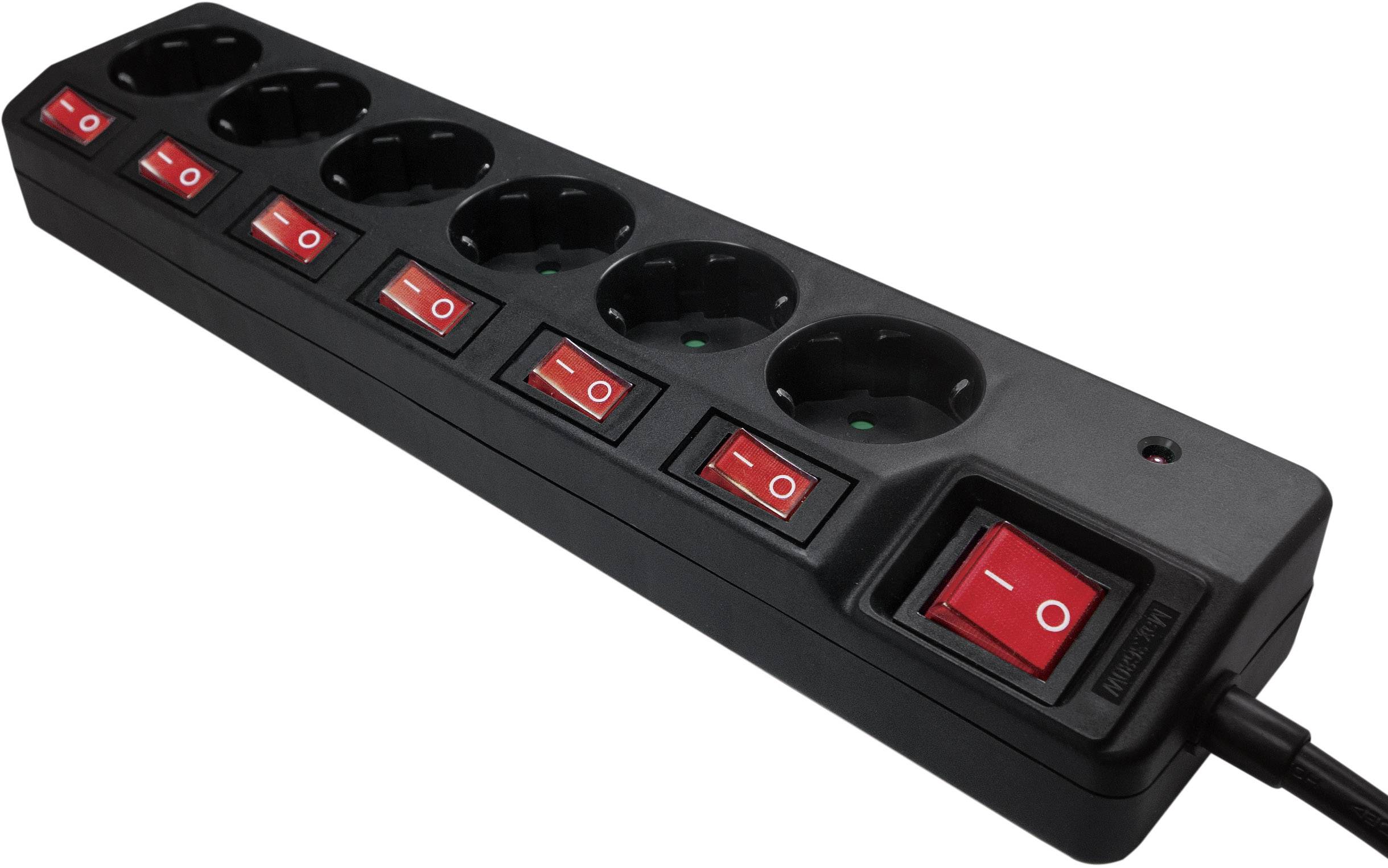 Eine schwarze Steckdosenleiste mit acht Steckplätzen, jeweils mit einem roten An/Aus-Schalter ausgestattet.