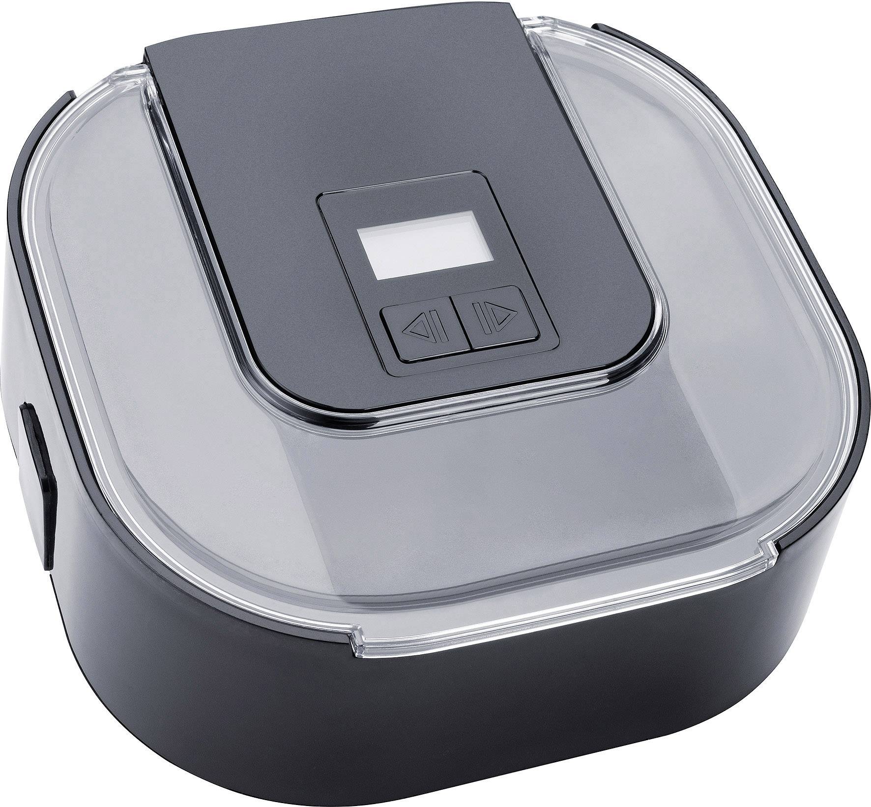 Elektronisches Gerät mit transparentem Deckel und digitalem Display mit zwei Pfeiltasten, möglicherweise zur Steuerung.