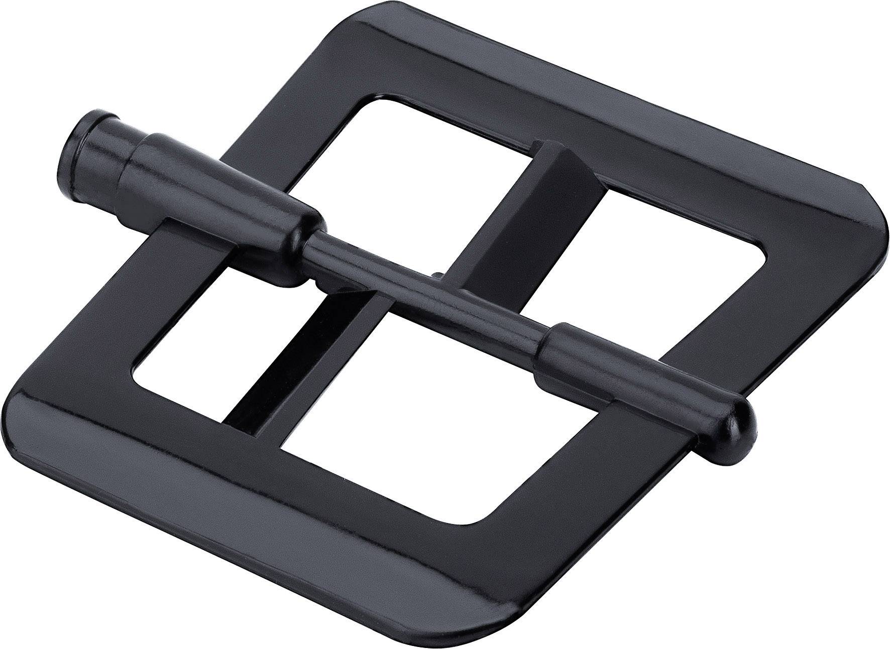 'Schwarze, quadratische Schnalle mit mittlerem Steg und abgerundeten Kanten.'