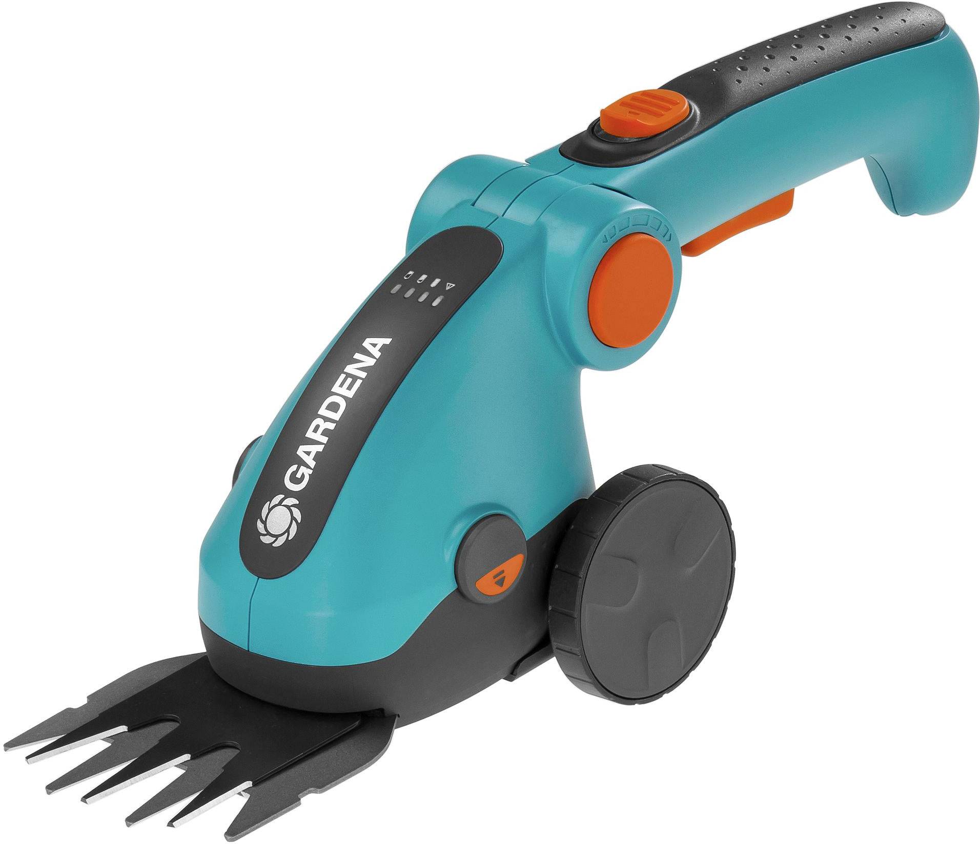 Elektrische Gartenschere in Blau und Schwarz, geeignet für Rasenkanten und Formschnitte, mit ergonomischem Griff und Schneidmesser.