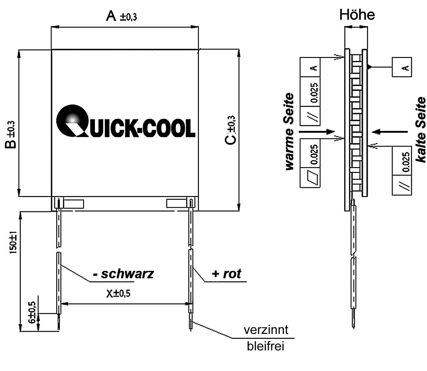Thermoelektrisches Modul mit 'Quick-Cool' Logo, Draufsicht zeigt Abmessungen A, B, C, Seitenansicht mit markierten warmen und kalten Seiten.