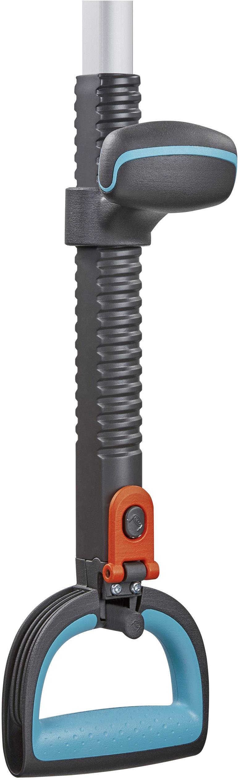 Ein blauer Gartenschlauchhalter mit schwarzem Griff und einstellbarer Spannvorrichtung.