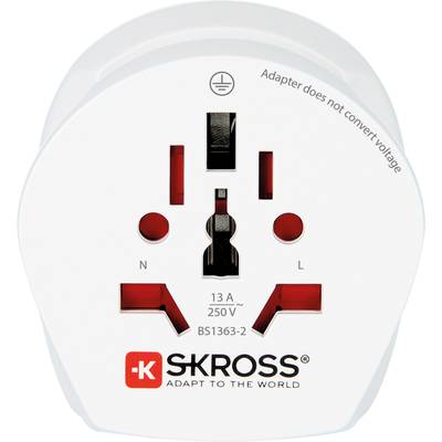 Weiße Reisesteckdosenadapter mit drei Steckanschlüssen und der Aufschrift 'SKROSS Adapt to the World', geeignet für britische Steckdosen.