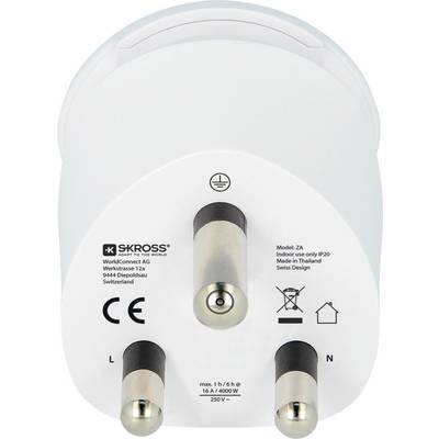 Adapter mit drei Metallstiften zur Stromverbindung, beschriftet mit 'L', 'N' und 'E'. Markiert mit 'SKROSS' und Herstellungsdetails.