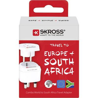 Reiseadapter von SKROSS mit europäischen und südafrikanischen Steckertypen, geeignet für Reisen nach Europa und Südafrika.