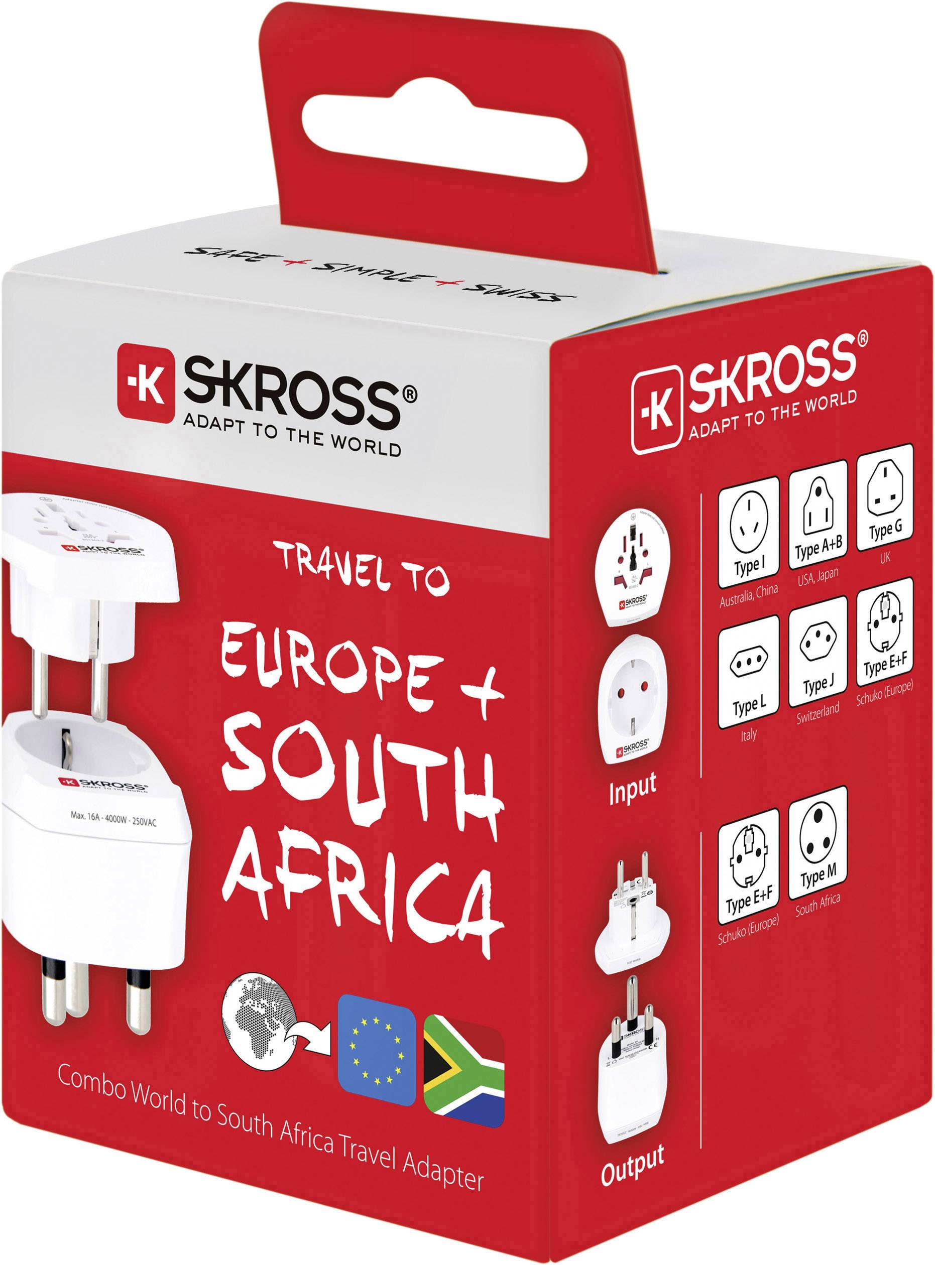 Reiseadapter von 'SKROSS' für Europa und Südafrika, kompatibel mit Typ C, E, F, J, K. Verpackung in Rot mit Länderflaggen.