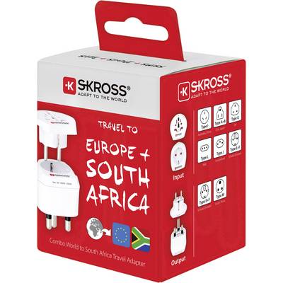 Reiseadapter von 'SKROSS' für Europa und Südafrika, kompatibel mit Typ C, E, F, J, K. Verpackung in Rot mit Länderflaggen.