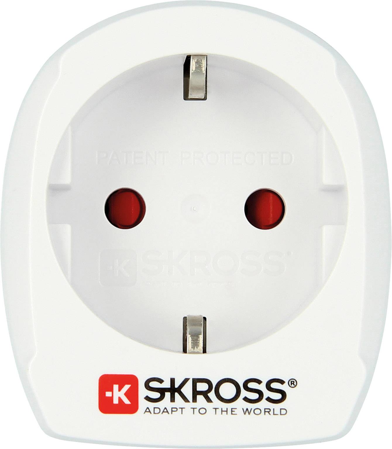 Ein weißer Adapter für Steckdosen mit zwei runden Öffnungen und einem Erdungskontakt. Marke 'SKROSS' und Slogan 'Adapt to the world'.
