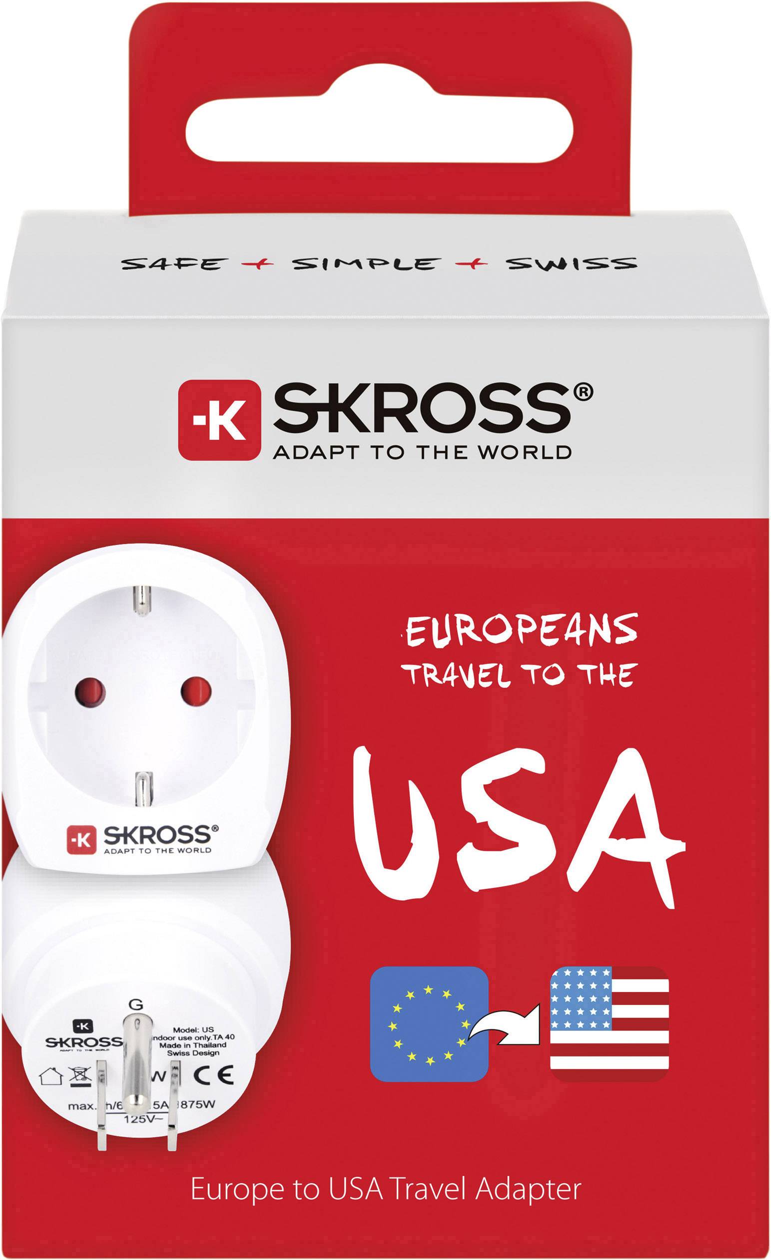 'Reiseadapter für Europäer in die USA, Marke Skross. Enthält europäische und amerikanische Flaggen zur Symbolisierung der Länder.'