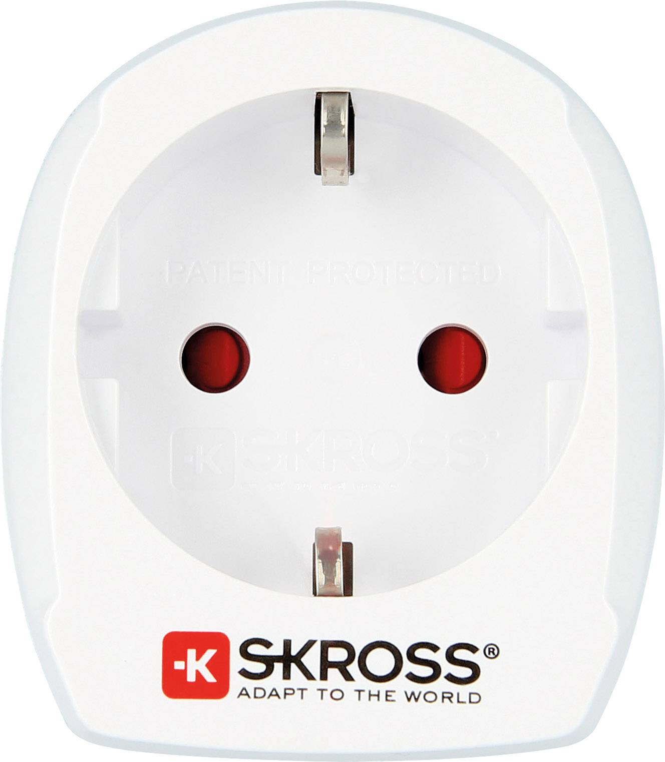 Weiße SKROSS-Steckdose mit zwei roten Einsätzen und dem Logo 'Skross Adapt to the World'. Geeignet für internationale Adapter.