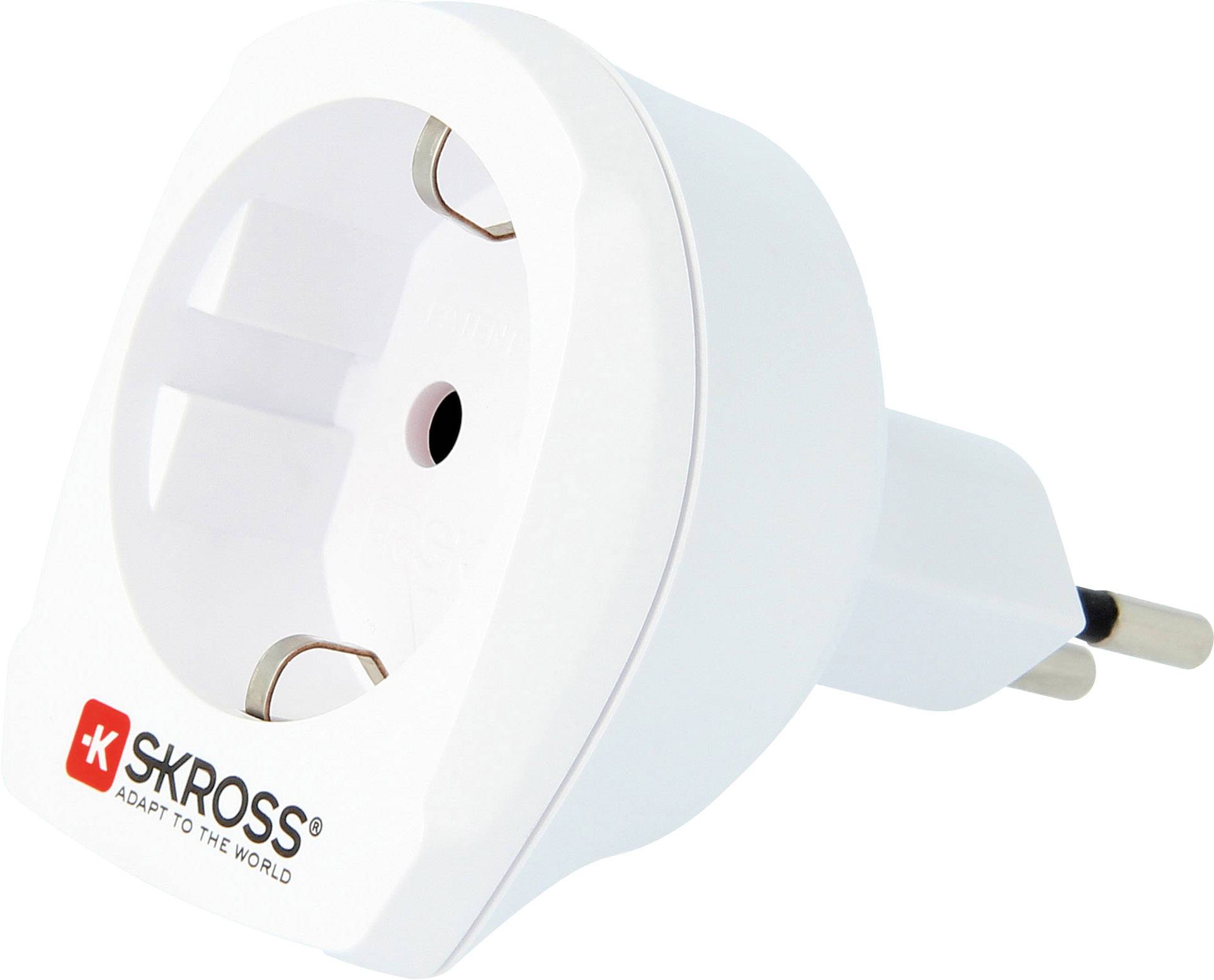 Weißer Reisesteckeradapter von SKROSS mit zwei Steckplätzen und Erdungsstift, geeignet für weltweite Reisen.