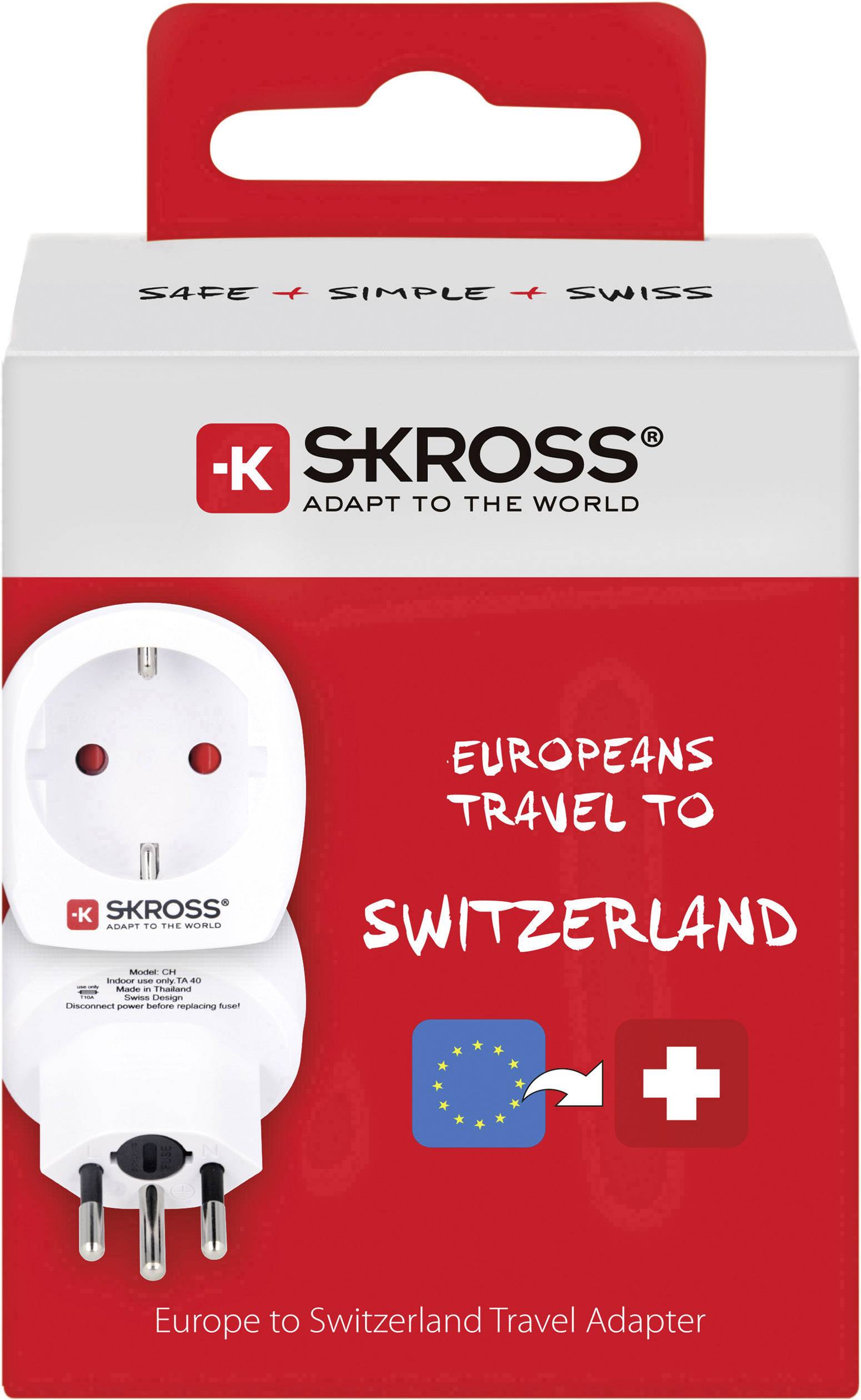 Verpackung eines Reiseadapters für europäische Stecker in Schweizer Steckdosen. Markenname 'SKROSS'. Slogan: 'Europeans travel to Switzerland'.
