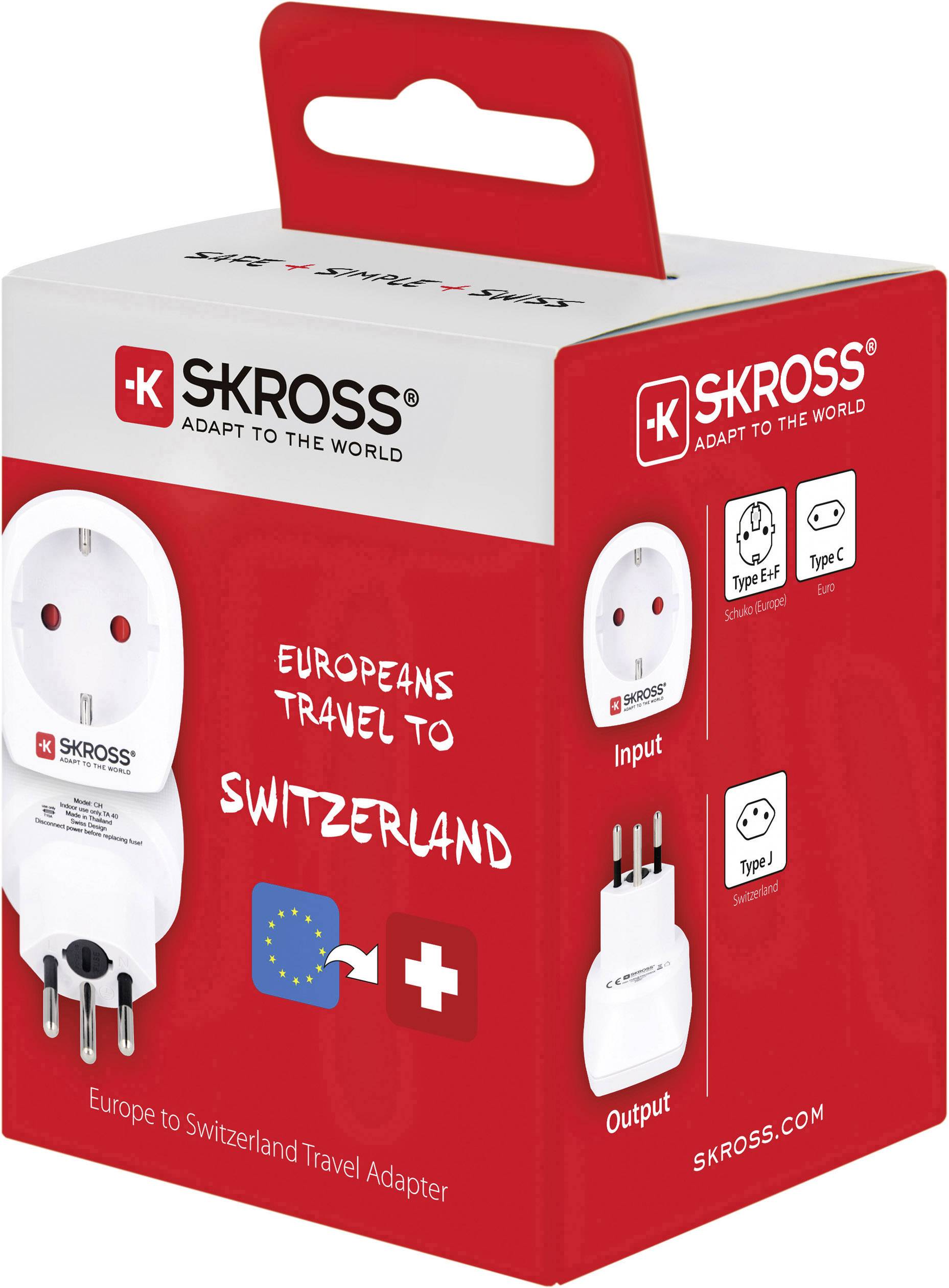 Reiseadapter für Europa in die Schweiz. Verpackung zeigt Anschlusstypen und 'Europäer reisen in die Schweiz' Slogan.