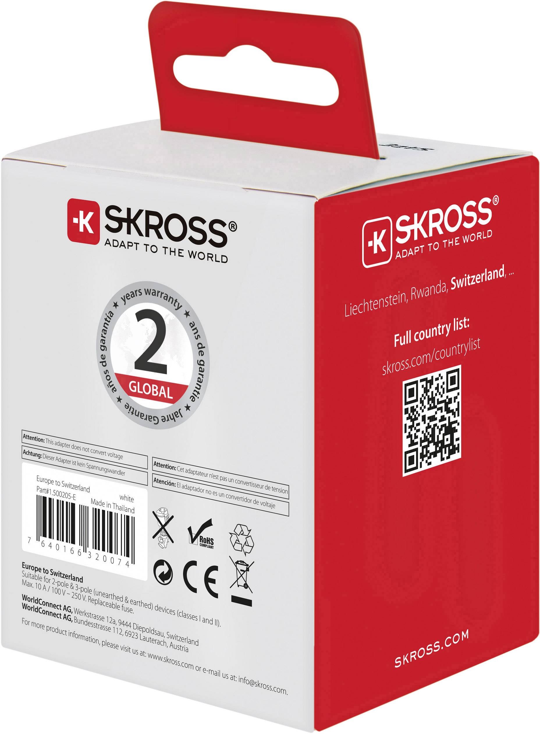 Verpackung eines SKROSS Reiseadapters, geeignet für globale Nutzung. QR-Code für Länderliste; Garantie: 2 Jahre.