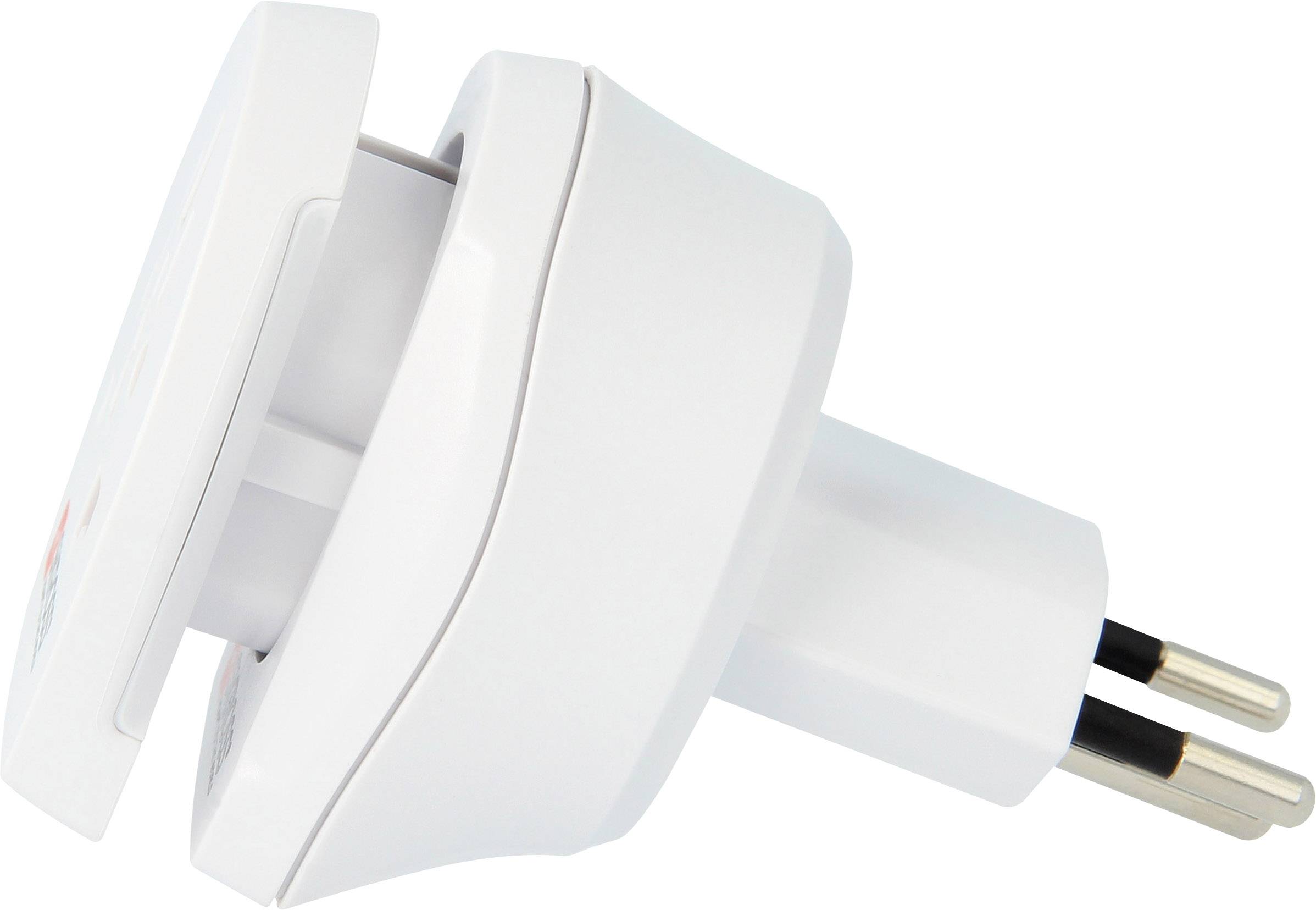 Der Steckdosenadapter ist weiß und hat einen runden, robusten Körper mit zwei Metallstiften für den EU-Steckeranschluss.