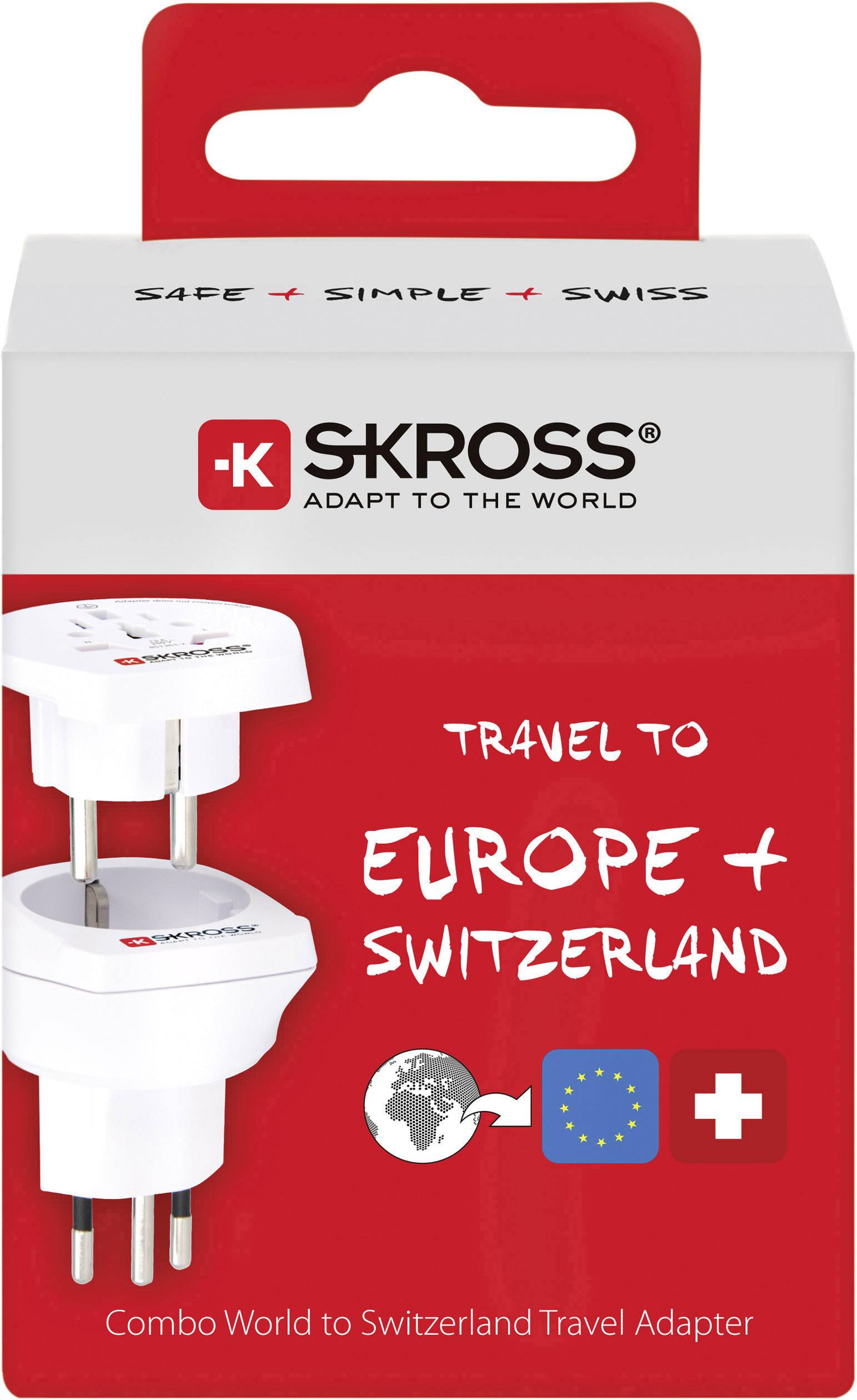 Reiseadapter-Verpackung von Skross für Europa und Schweiz. Enthält eine weiße Steckdose mit Schriftzug 'Travel to Europe + Switzerland'.