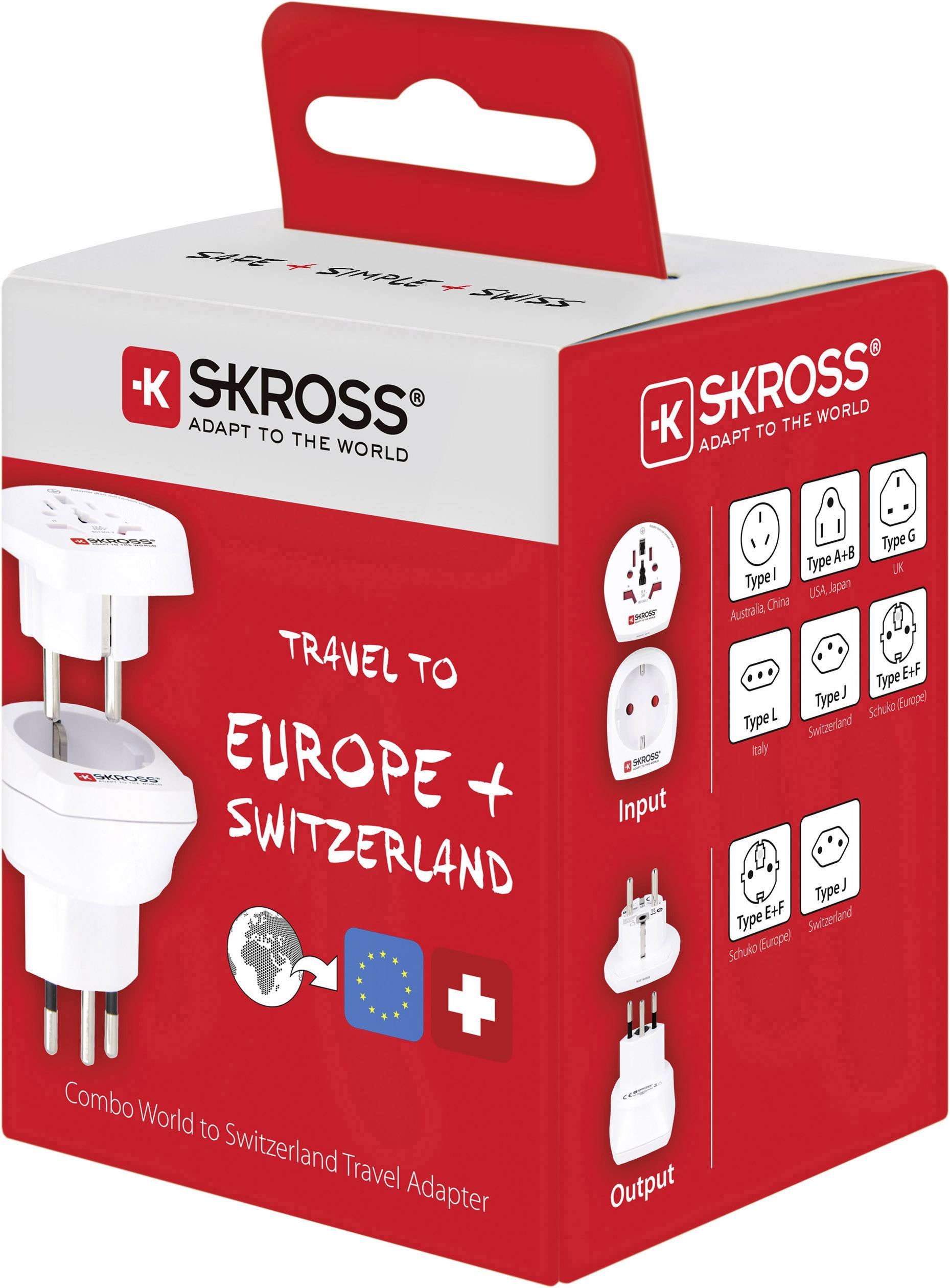 'Reisestecker-Set von Skross für Europa und Schweiz; enthält Adapter für verschiedene Steckdosen, ideal für internationale Reisen.'