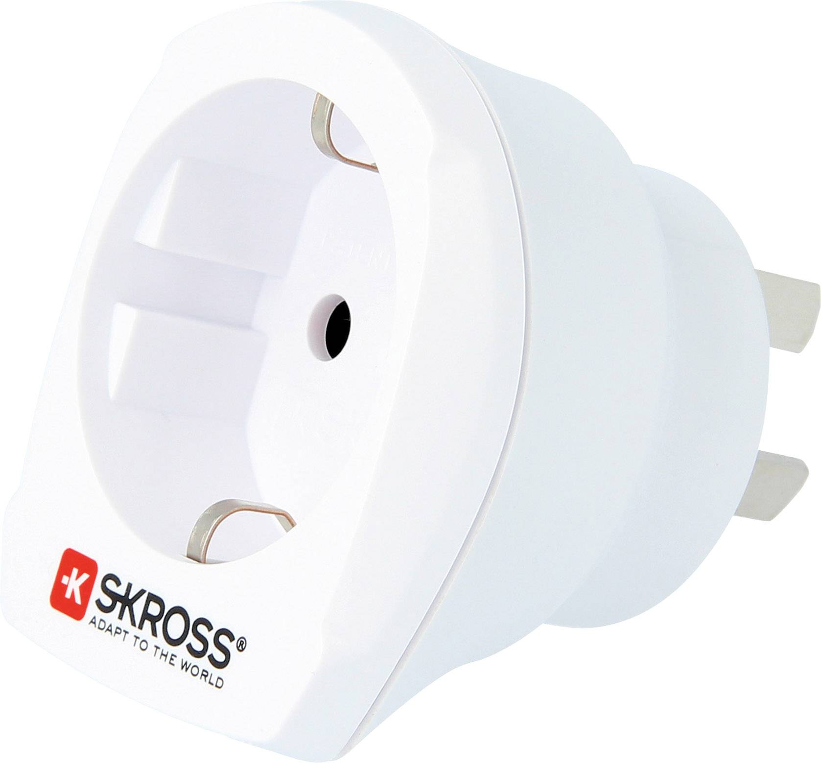 Weißer Reiseadapter mit rotem SKROSS-Logo, zwei Steckdosenöffnungen. Geeignet für die Verwendung mit verschiedenen Steckdosentypen.