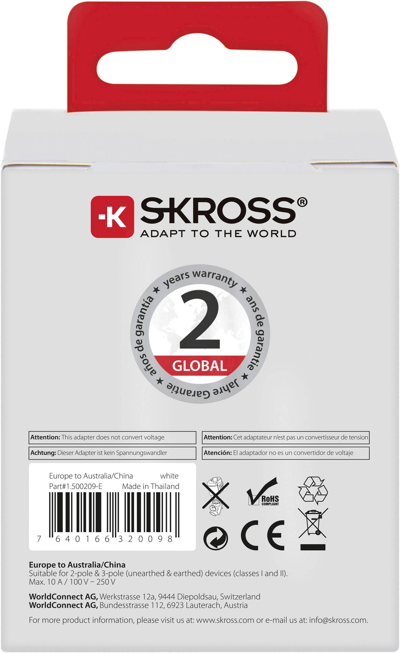 Eine Verpackung eines Reiseadapters der Marke SKROSS, geeignet für weltweite Nutzung, mit 2 Jahren Garantie.