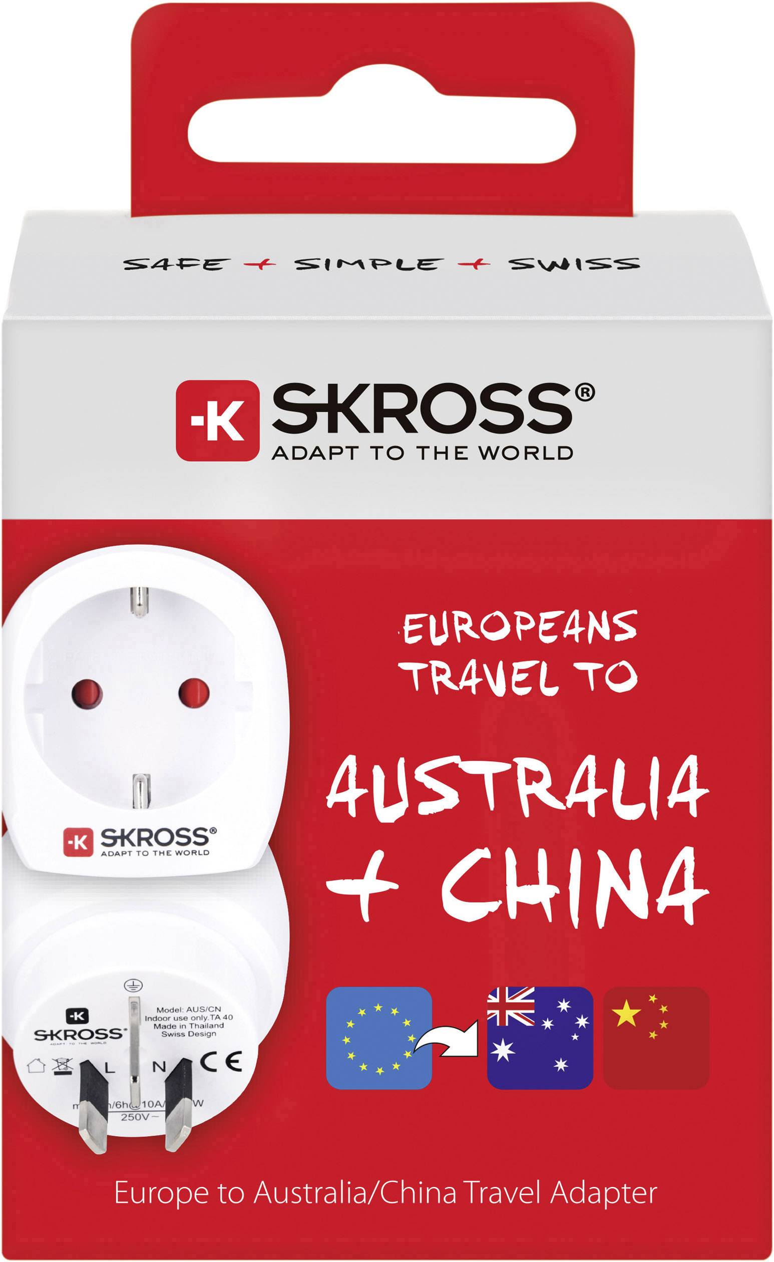 'Reisestecker von SKROSS für Europa nach Australien/China. Aufschrift: Europäer reisen nach Australien + China.' Verpackung zeigt Adapter und enthält Flaggen.