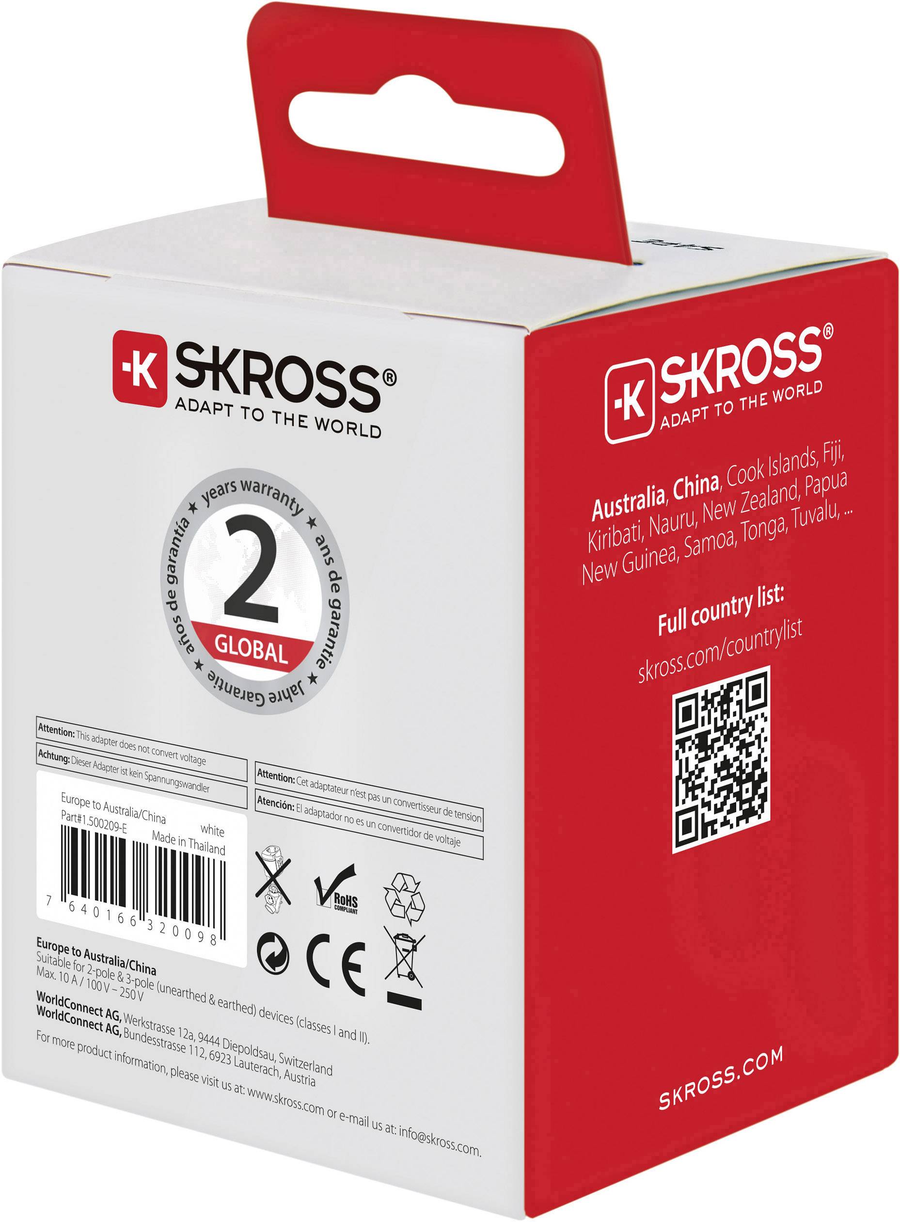 Internationale Reiseladestation von SKROSS mit mehreren Steckdosenanschlüssen. Auf der Verpackung sind Zielmärkte und QR-Code aufgeführt.