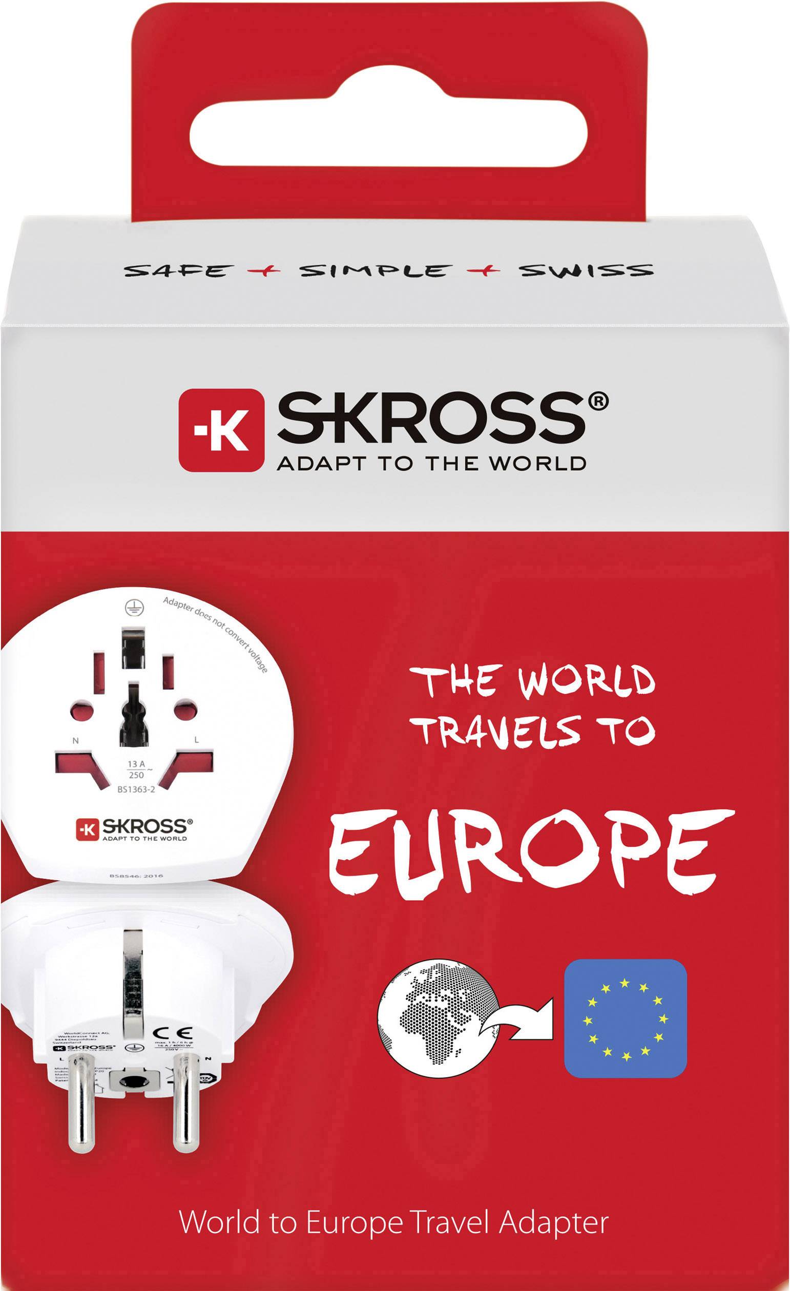 Reisestecker-Verpackung mit Text 'The World Travels to Europe'. Zeigt Adapter für europäische Steckdosen. Marke: SKROSS.