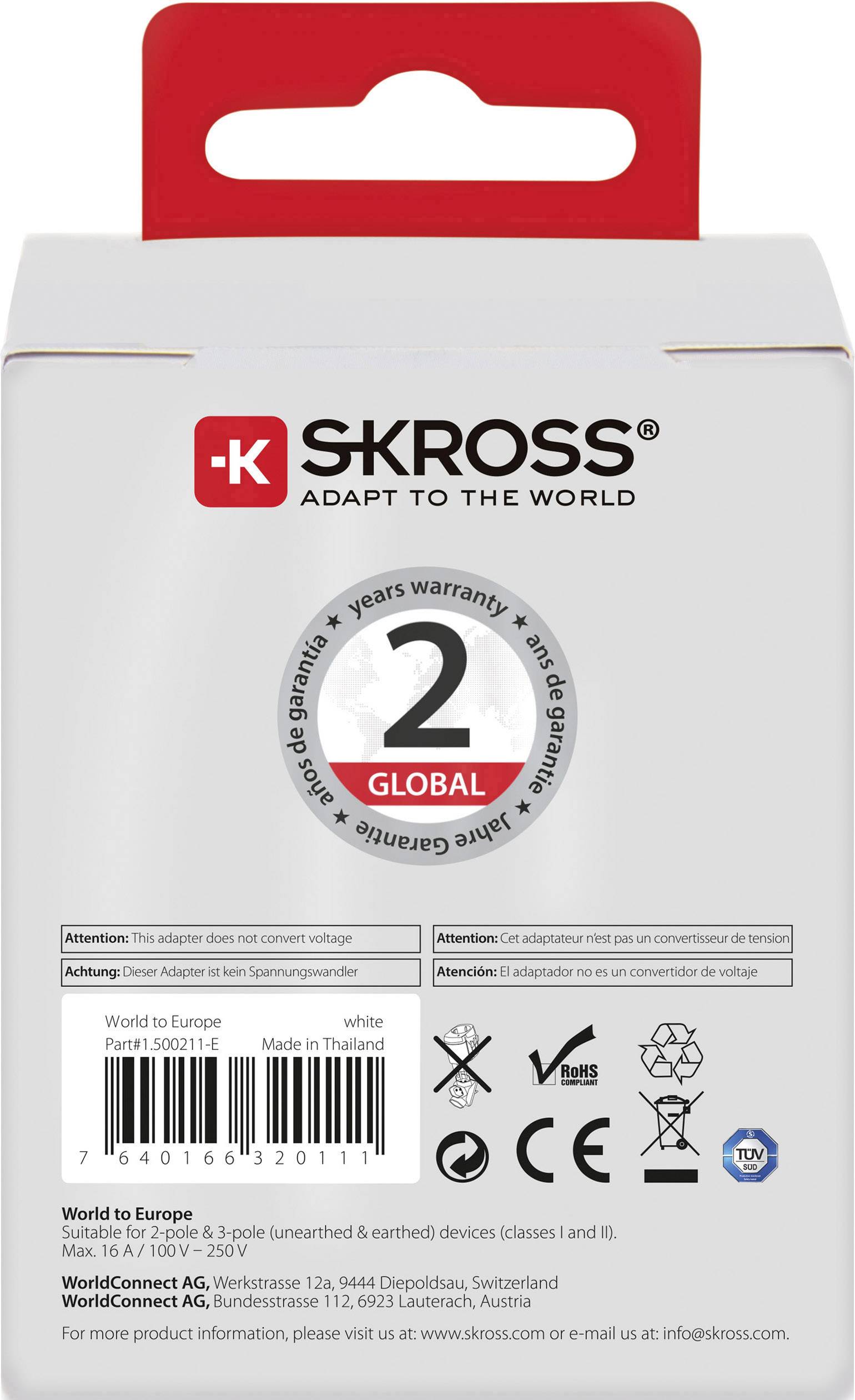 Rückseite einer Adapterverpackung von SKROSS. Enthält Spezifikationen, Sicherheitshinweise und Symbole für weltweiten Gebrauch und Konformität.