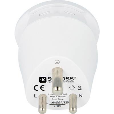 'SKROSS' Adapter von Schuko-Stecker auf andere Steckertype, geeignet für 250V/5A, weiß, mit Beschriftungen für Sicherheitshinweise.