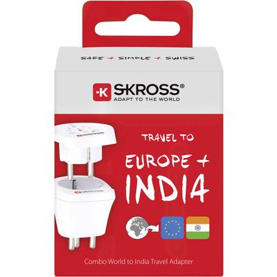 Reiseadapter-Verpackung von SKROSS für Europa und Indien, mit weißen Adaptern und Länderflaggen.