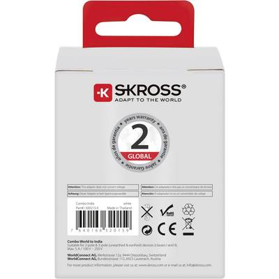 Rückseite einer Adapterverpackung von SKROSS mit Informationen über kompatible Regionen, Garantie und Herstellerdetails.