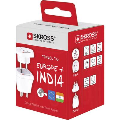 'Reiseadapter für Europa und Indien. Adapter-Typen aufgeführt mit Bildern, geeignet für verschiedene Steckdosen. Marke SKROSS.'