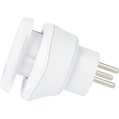 Ein weißer Steckdosenadapter mit abgewinkeltem Schuko-Stecker und drei Steckkontakten.