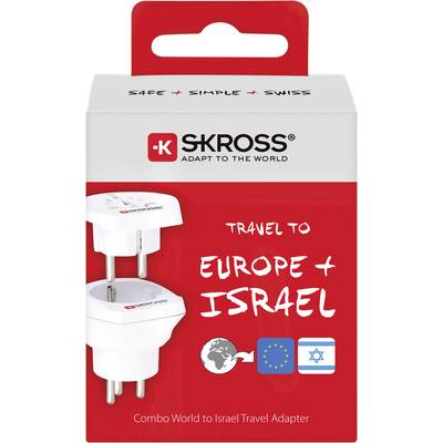 'Reiseadapter für Europa und Israel. Skross-Logo oben, Bild eines weißen Adapters mit EU- und Israel-Stecker.'